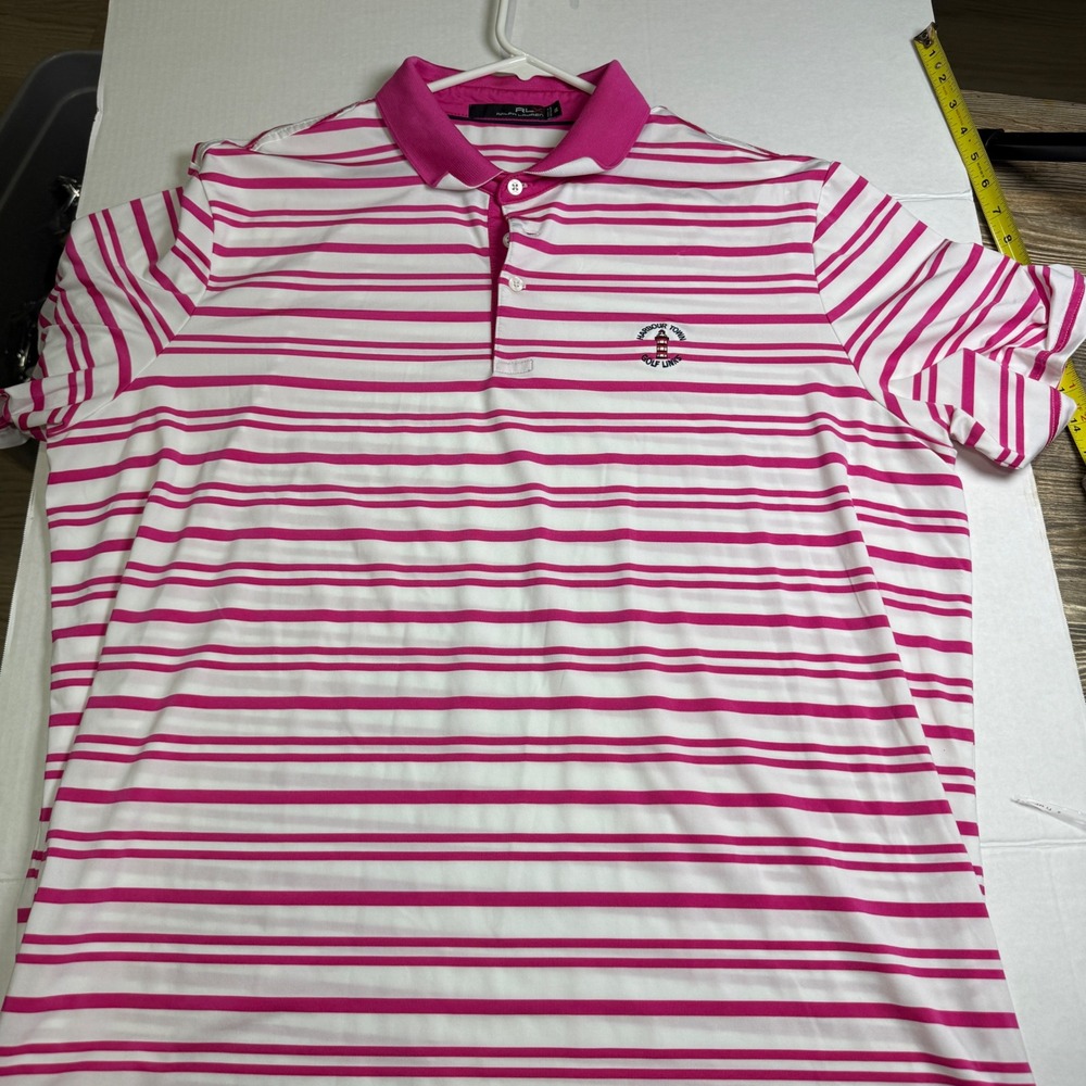 RLX Ralph Lauren Mens XXL Pink White Striped Harbour Town Golf Links Polo Shirt
